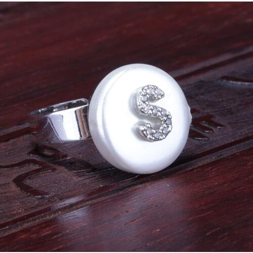 5 pcs white cz paved initial 26 alphabet ABCDE letters charms round pearl beads adjustable rings for women wedding birthday gift