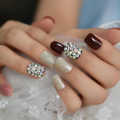 AB Holo Chameleon Diamond Glitter Short Press on False Nails Pink Brown UV Gel Glue On Fingersnails Free Adhesive Tapes