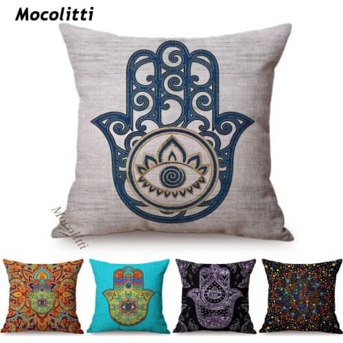 Arabic Fatima Hand Cushion Cover Worship Decoration Hamsa Khamsah Hand Pattern Print Cotton Linen Throw Pillows Sofa Pillowcase