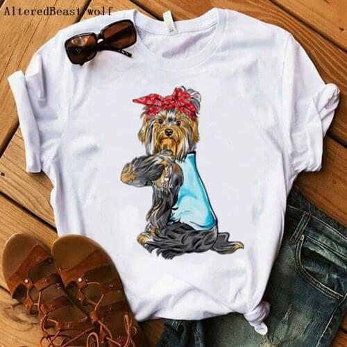Yorkshire Terrier I Love Mom Tshirt Women Harajuku Printed Bandana Fashion Tops Shirt Short Sleeve Mom T-shirt Leisure Female