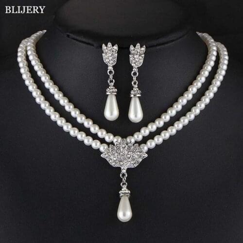 BLIJERY Elegant Simulated-pearl Bridal Jewelry Sets Rhinestone Pearl Drop Necklace Earrings Wedding Jewelry Sets for Women Gifts