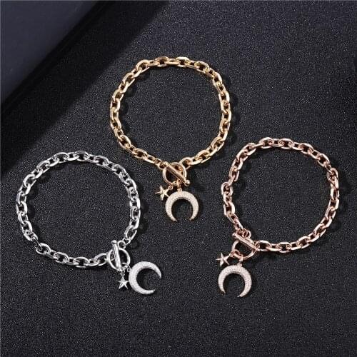 Cubic Zircon Star moon Charms bracelet for Women Girls O/T Locket Toggle Clasp Big Cuba Chain Bracelet Bangle Jewelry Party Gift