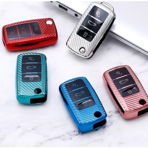 Carbon fiber Soft TPU Car Key Cover Remote Fob Holder Cover Shell For VW Volkswagen Jetta Golf 4 5 6 Polo Bora Passat B5 B6