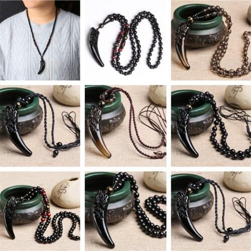 Mens Wolf Tooth Pendant Necklace Natural Stone Black And Ice Obsidian Amulets