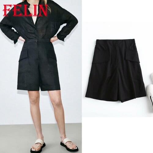FELIN Za Chic Black Office Lady Shorts Women High Waist Button Elegant Knee Length Pants Female Fashion 2021 Stylish Shorts