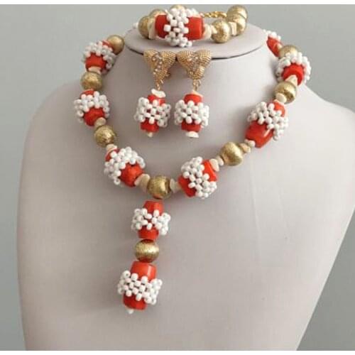 4UJewelry African Women Style Orange Original Coral +White Beaded Party Jewelry Set Simple Nigerian Wedding Bridal Jewelry 2019