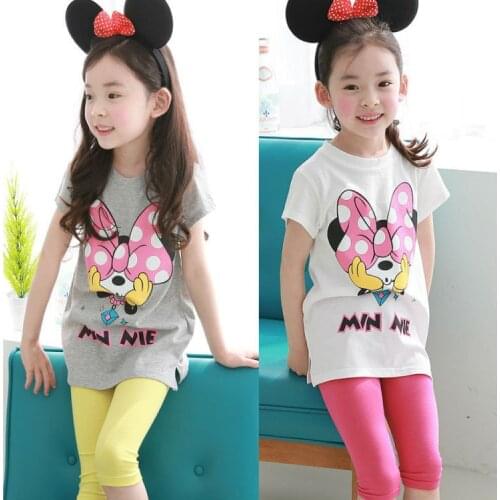 2020 girl Summer clothes sets Print mouse Short sleeve T shirt Five minutes elastic pants 2piece Suit Children clothing clothes