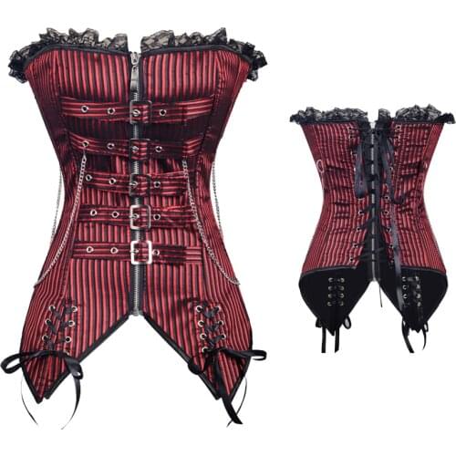 Steampunk Corset Gothic Women Sexy Clothes Steel Boned Buckled Bustier Striped Overbust Lace Up Lingerie Shapewear Ruffled Red