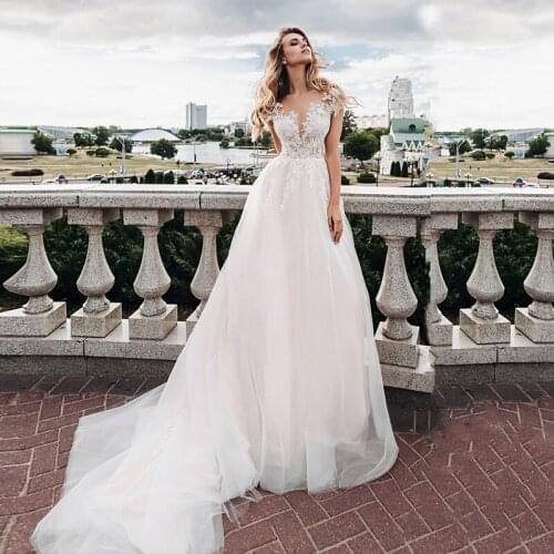 Eightale Boho Wedding Dress Cap Sleeves A-Line Buttons Back Appliques Lace Wedding Dress Custom Made Tulle Beach Bridal Dress