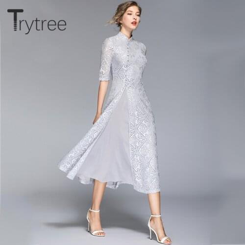Trytree Summer Autumn Chinese Style Solid Dress Mandarin Collar Button Lace women Split Hem A-Line Mid-Calf Casual Dress