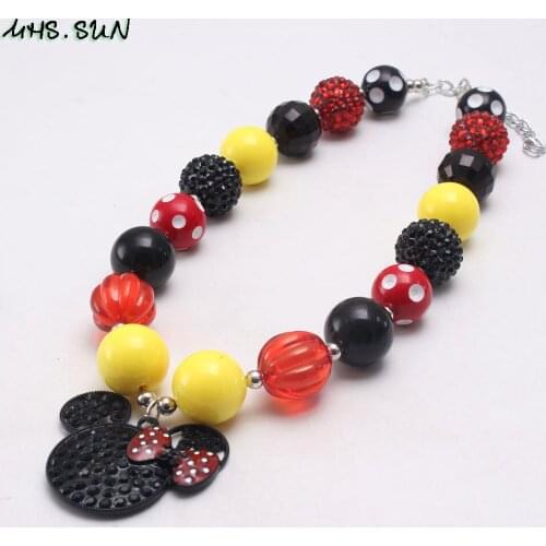 MHS.SUN Trendy Cartoon Pendant Necklace For Girls Kids Cute Red+Yellow+Black Beads Chunky Bubblegum Necklace For Baby Gift 1PC