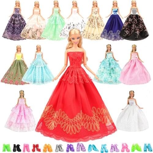 Fashion Handmade 15 Items/lot Accessories Kids Toys =5 Dolls Dress Random+10 Doll Shoes Things For Barbie Original DIY Present