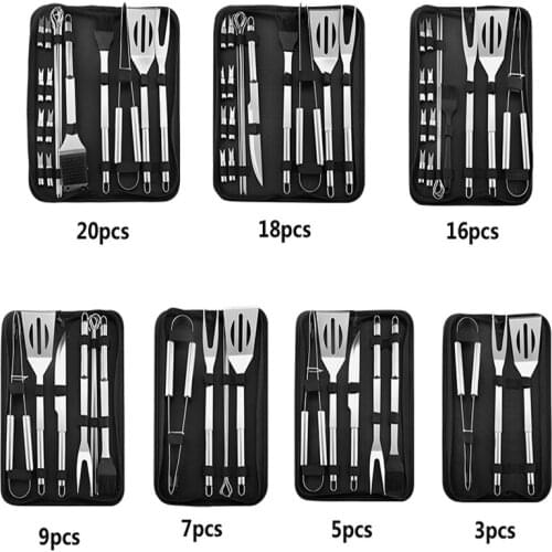 BBQ Steel Tools Set Stainless Spatula Fork Tongs Knife Brush Skewers Barbecue Grilling Utensil Camping Outdoor Cooking Tool Set