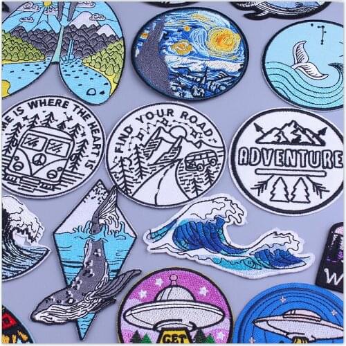 Embroidery Patches for Clothing Camp Iron On Patch Space DIY Applique Clothes Stickers Van Gogh Star Night Mountain Wave Stripes