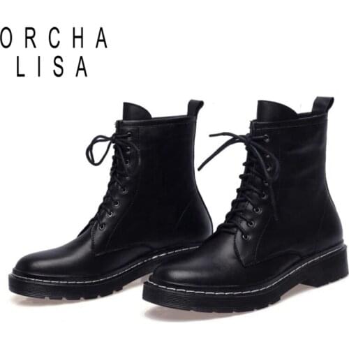 ORCHALISA Winter Couple Women Ankle Boots Flat Lace Up Work Boots Genuine Leather Bootie Ma Autumn Botas Mujer Female Comfort 43