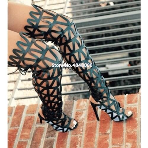 Gullick Sexy Cross-tied Thigh High Sandals Women Summer Gladiator Sandal Boots High Heel Cut Out Over-the-Knee Boots