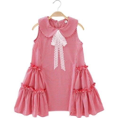 Girls dress casual doll collar childrens clothing Amoi sleeveless chiffon plaid bow kids clothes