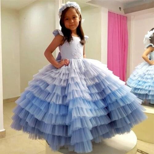 Backless Big Girls Tiers Gradient Blue A Line Princess Flower Girl Dresses Girls Birthday Wedding New Year Party Dresses