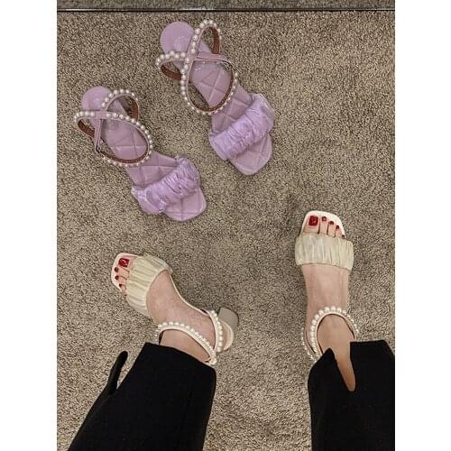 Sandals Women Summer 2021 New Fashion Pearl Thick Heel Buckle Temperament High Heels Sandals for Women