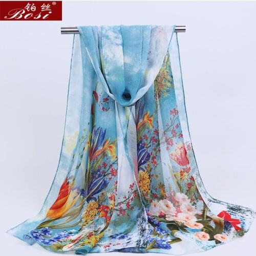 Brand New Chiffon Scarf Women Flower Thin Spring Summer Silk Scarves Shawls And Wraps Foulard blue Print Hijab Stoles Wholesale