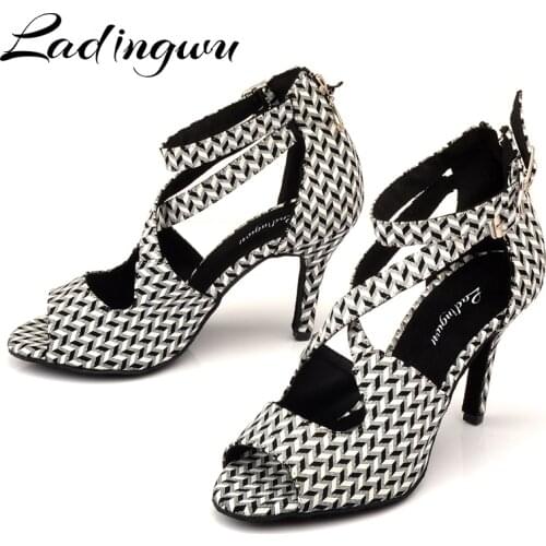Ladingwu Black and White Plaid texture Suede Dancing Shoes For Women Latin Dance Shoes Womens Salsa Dance Shoes