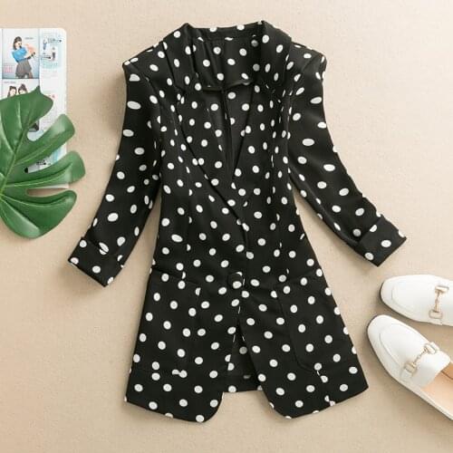 Polka Dots Long Blazer Womens Notched Three Quarter Sleeve Thin Office Lady Coat Slim Single Button Pockets Outwear for Female