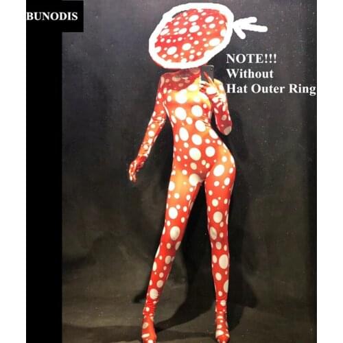 ZD312 Women Stage Wear Red Jumpsuit 3D Printed White Big Dot Bodysuit (Without Hat Outer Ring) Nightclub Party Celebrate Show