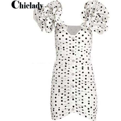 CHICLADY runway designer stylish polka dot ruffles luxury crystal buttons slim bodycon mini dress for women ins fashion vestidos