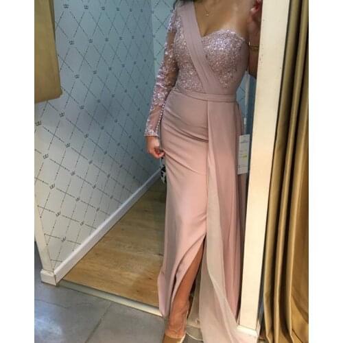 Women Formal Gala Party Long Dress Plus Size Arabic Muslim Pink Mermaid Long Sleeve Evening Prom Dresses Gown 2019