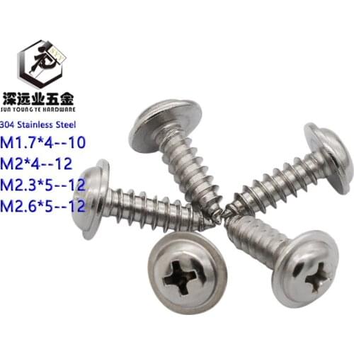 1000pcs DIN968 M1.7M2M2.3M2.6 Cross Round Head Stainleess Steel self-tapping with Padded Screws With Collar Pad Washer Silver