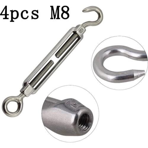 4pcs 304 Stainless Steel Turnbuckle European Style Hook Hook Adjustable Wire Rope Tensioners M8 Turnbuckles for rigging hardware