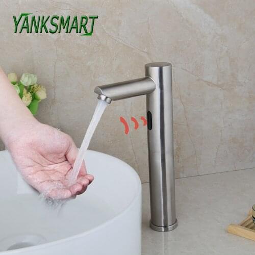 YANKSMART Nickel Brushed Basin Sink Bathroom Automatic Faucet Deck Mounted Cold & Hot Water Mixer Sensor Faucets Tap