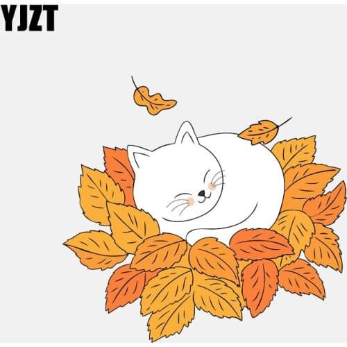 YJZT 13.4CM*12.4CM Cat Lying In The Autumn Leaves PVC Car Sticker 11-01014