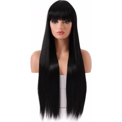 BESTUNG Long Black Wigs Synthetic Natural Straight Hair Wig with Bang for Women Costume Cosplay