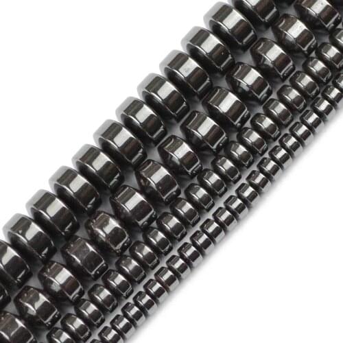 JHNBY Cylinder Black Hematite beads 4/6/8/10MM Natural Stone geometric Flat Round Loose beads For Jewelry bracelet Making DIY