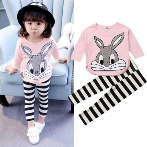 Infant Kids Baby Girl Rabbit Print T Shirt+ Striped Pants Outfits Autumn Winter Clothes Tracksuit