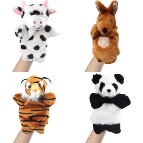 Kids Cute Soft Plush Cartoon Animals Hand Tiger Kangaroo Panda Dairy Cow Puppets Finger Puppets Doll Telling Story Props Toys