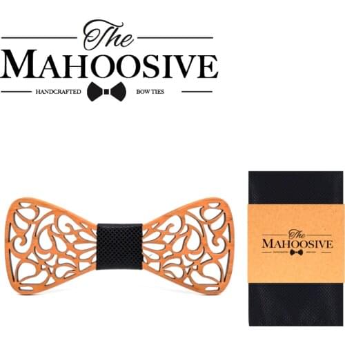 MAHOOSIVE Fashion Wooden Bow Tie And Handkerchief Set Mens Plaid Bow Tie Wood Hollow Floral Wooden Bowtie Necktie And Box