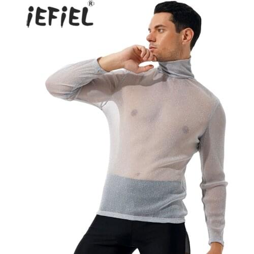 Men Long Sleeve Sequin Glossy Tops High Neck Transparent T-shirts Fashion Casual Streetwear Nightclub Costume for Music Concert
