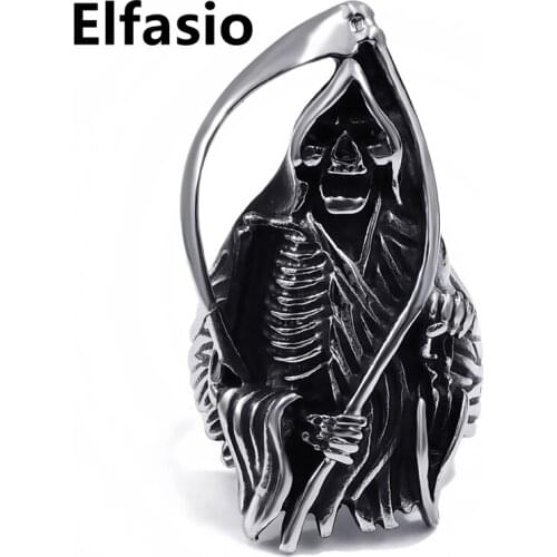 Mens Skull Grim Reaper Silver Black 316L Stainless Steel Ring Biker Wholesale Jewelry Size 8-13