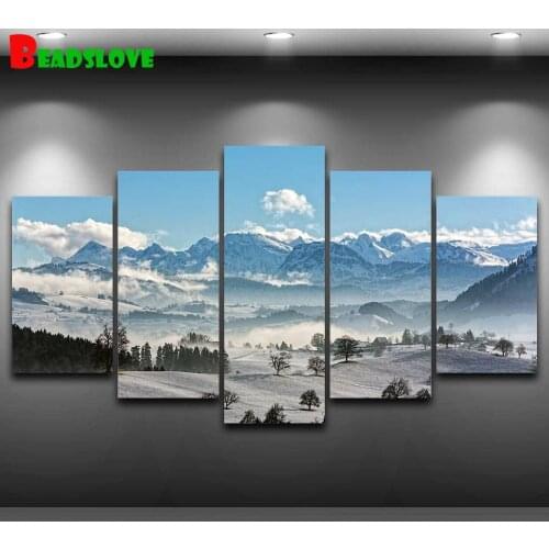 5 Panel Snow Mountains Diamonds Embroidery Full Square/Round Drill Mosaic Set Diamond Painting Sale Landscape Art