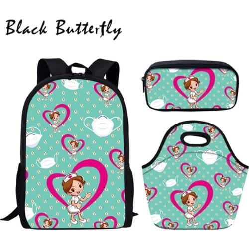 Black Butterfly Nurse Bear Printed School Bag Sets For Girl Backpack Boy Casual School Book Bags Child Customized Adorable