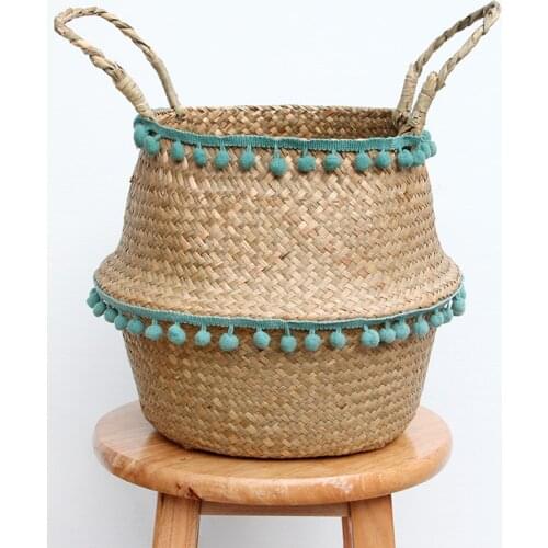 New Household Foldable Natural Seagrass Woven Storage Pot Garden Flower Vase Hanging Basket With Handle Storage Bellied Basket