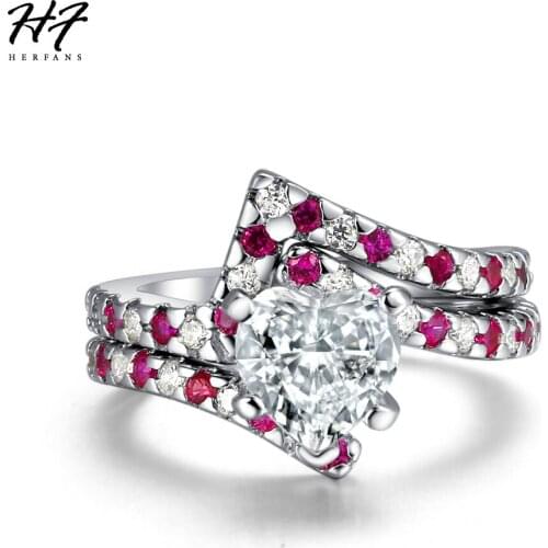 New Lovely Heart-cut Cubic Zirconia Silver Color 2PCS Ring Sets Fashion Cocktail Party Jewelry Rings For Women Girl Gift DD019