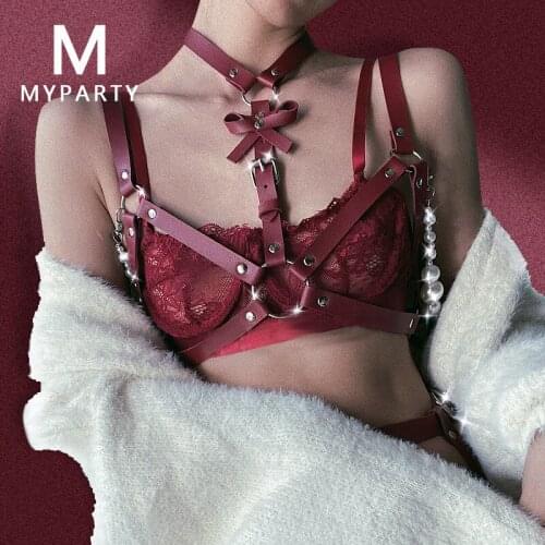New Punk Goth Leather Body Harness Women Sexy Bowknot Pearl Chains Chest Cage Straps Sword Belt Bra Harness Lingerie Bondage Top