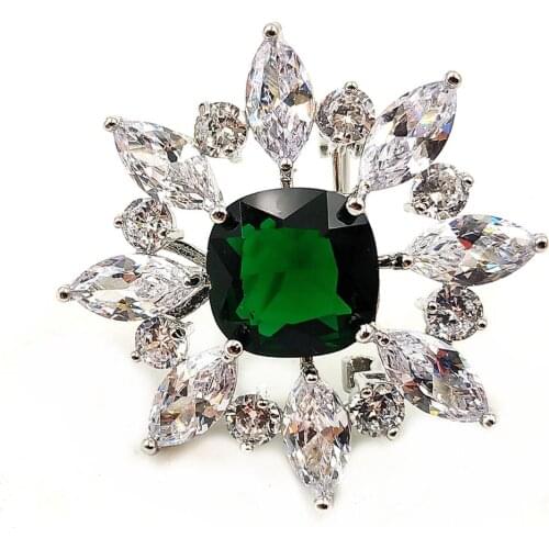 Vintage Art Nouveau Square Flower Shaped Green Stone Brooches Pins for Wedding Party Bridesmaid Fur Dress Gown Costume Jewelry