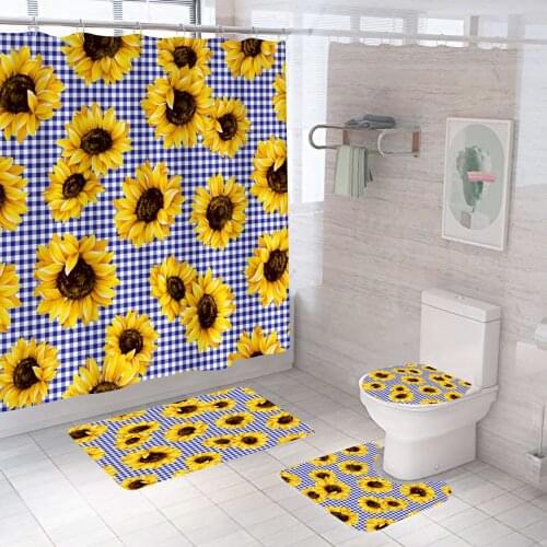 Sunflower Flower Butterfly Plant Scenery Shower Curtain Floral Landscape Home Bathroom Decor Waterproof Cloth Curtains with Hook