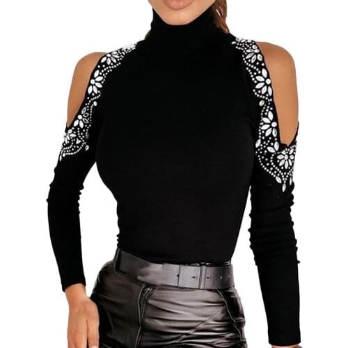 Off Shouder Long Sleeve Women Blouse Autumn Turtleneck Floral Print Tunic Top Streetwear