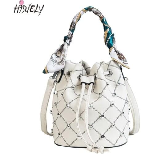 2021 New High Quality Women Leather Handbag Drawstring Silk Ribbon Bucket Rivets Shoulder Bags Solid Vintage Tote Fashion Bolsa