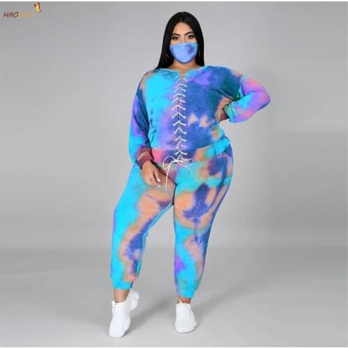 HAOOHU Womens Clothing Plus Size Sets 2021 Tie-Dye Suit Autumn Urban Fashion Tie Long Sleeve Loose Leisure Three-Piece Sweater